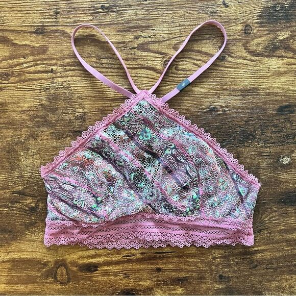 Victorias Secret Dusty Pink Pattern Lace Underwire Cropped Halter Bralette NWOT - Picture 1 of 8
